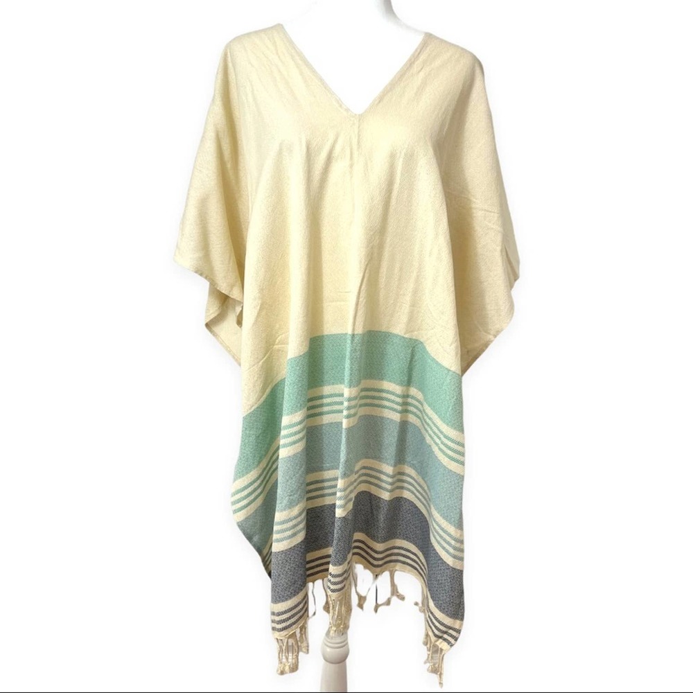 Tribe Alive | Women's Striped Fringe-Trim V-Neck Blanket Poncho - Cream